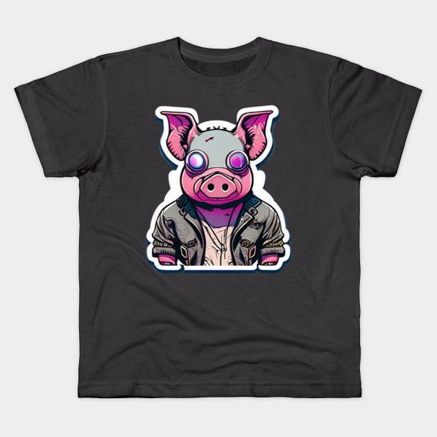 Cyberpunk Pig Digital Art Kids T-Shirt by teshail